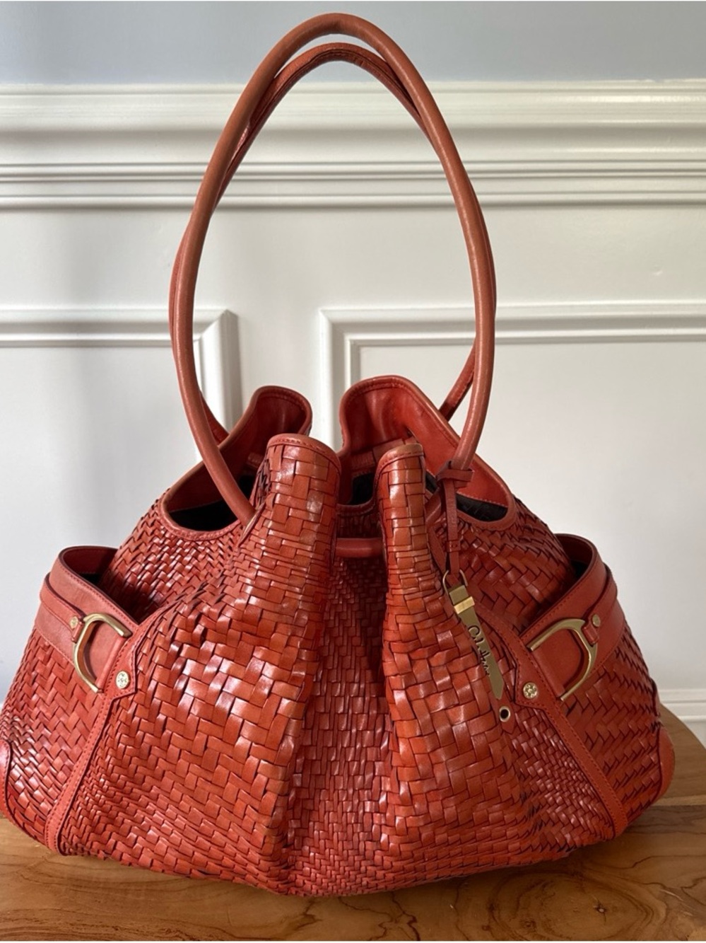 Cole Haan Genevieve Woven Saddle Brown Leather Hobo Large Bag Gold Tone Hardware